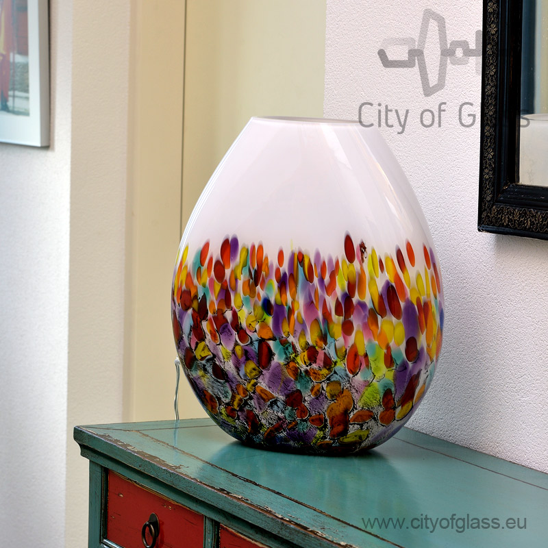 Mevrouw Dubbelzinnigheid Miles White glass lamp Murrina with colored dots by Loranto, 40 cm - City of Glass