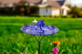 Tuinprikker vogeldrinkschaal | Blauw | Tuinsteker Vogelbadje | Glazen Tuindecoraties | Vogelbad | Tuinprikker glas
