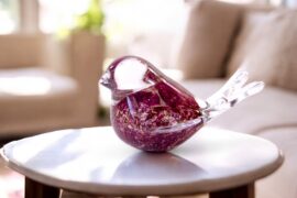 Mini Urn Bird | Purple with gold leaf | With Wings