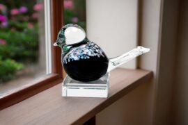 Mini Urn Bird Black on Crystal base, Glass Urn