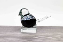 Mini Urn Bird Black on Crystal base, Glass Urn