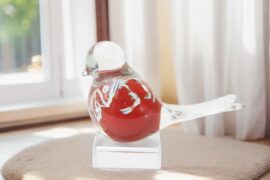 Mini Urn Bird Red White on Crystal base, small Urn